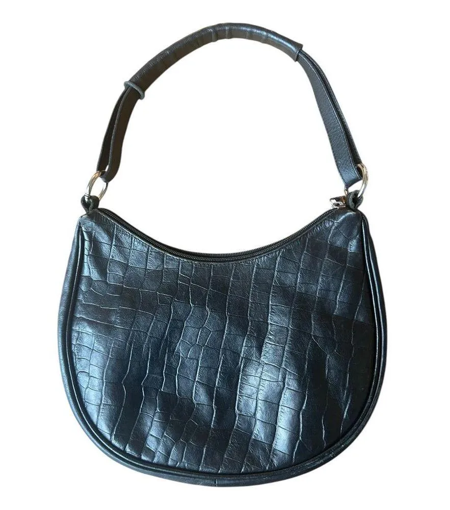 Maurizio Taiuti Leather Handbag Shoulder Bag Black Embossed Croc Half Moon Hobo - Image 8