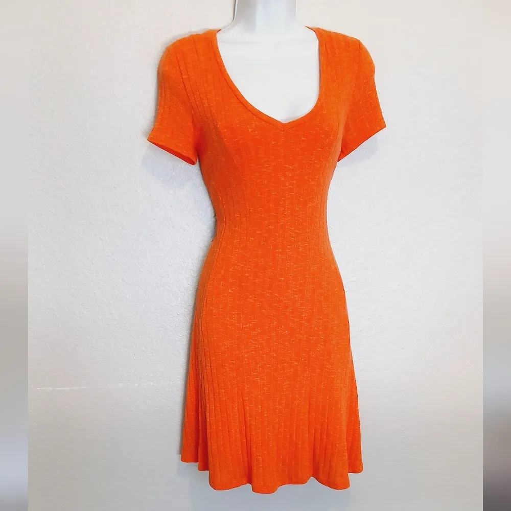 Anthropologie × Dolan Left Coast Ribbed Fit & Flare Dress in Tangerine Size S Orange - Image 4