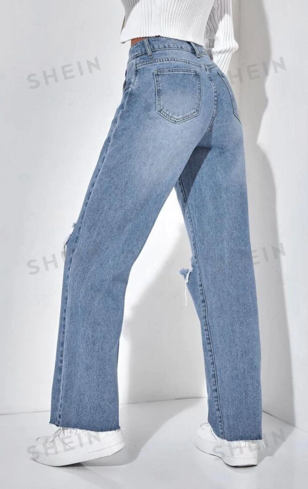 High Waisted Ripped Straight Leg Jeans - Image 3