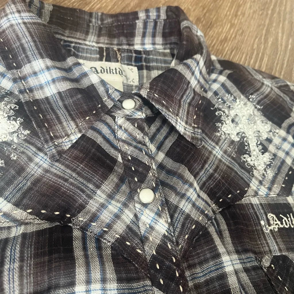 Adikted Y2K Western Top Blouse Pearl Snap Cotton Button Down Size Medium Brown - Image 6