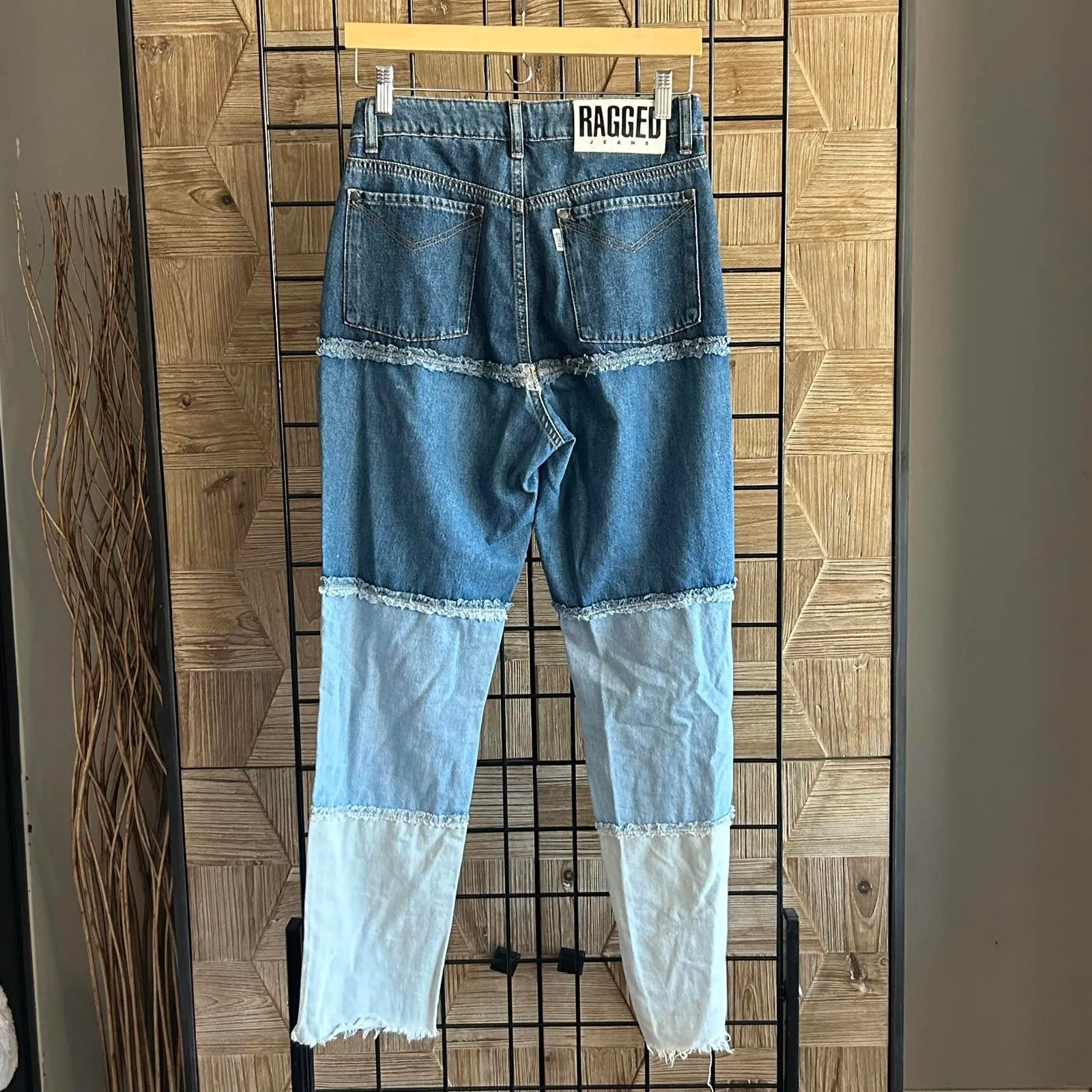Ragged Jeans Size 28 Colorblock Straight Leg Frayed Denim Blue - Image 3