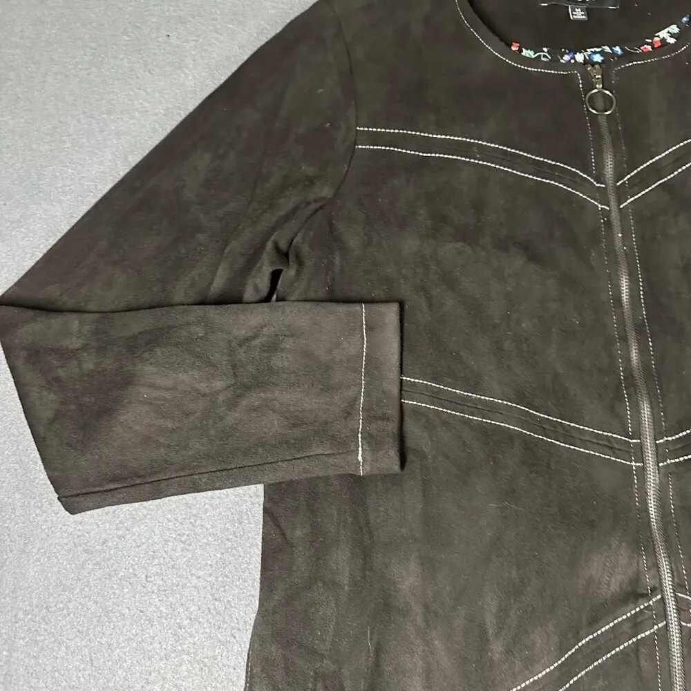 Joh Womens M Black Suede Feel Full Zip Long Sleeve Jacket Dress Pockets Soft Size M - Image 3