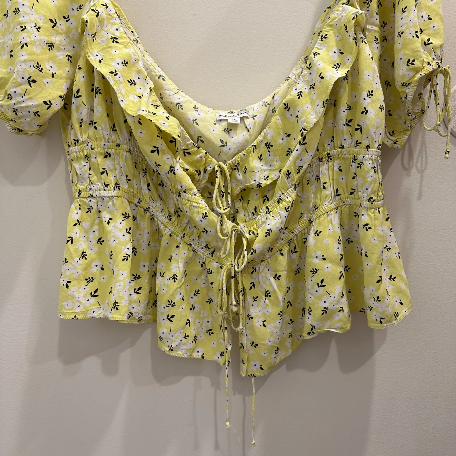 For Love & Lemons Yellow Chrysanthemum Tiered Tie-Front Blouse Coquette Cottage - Image 5