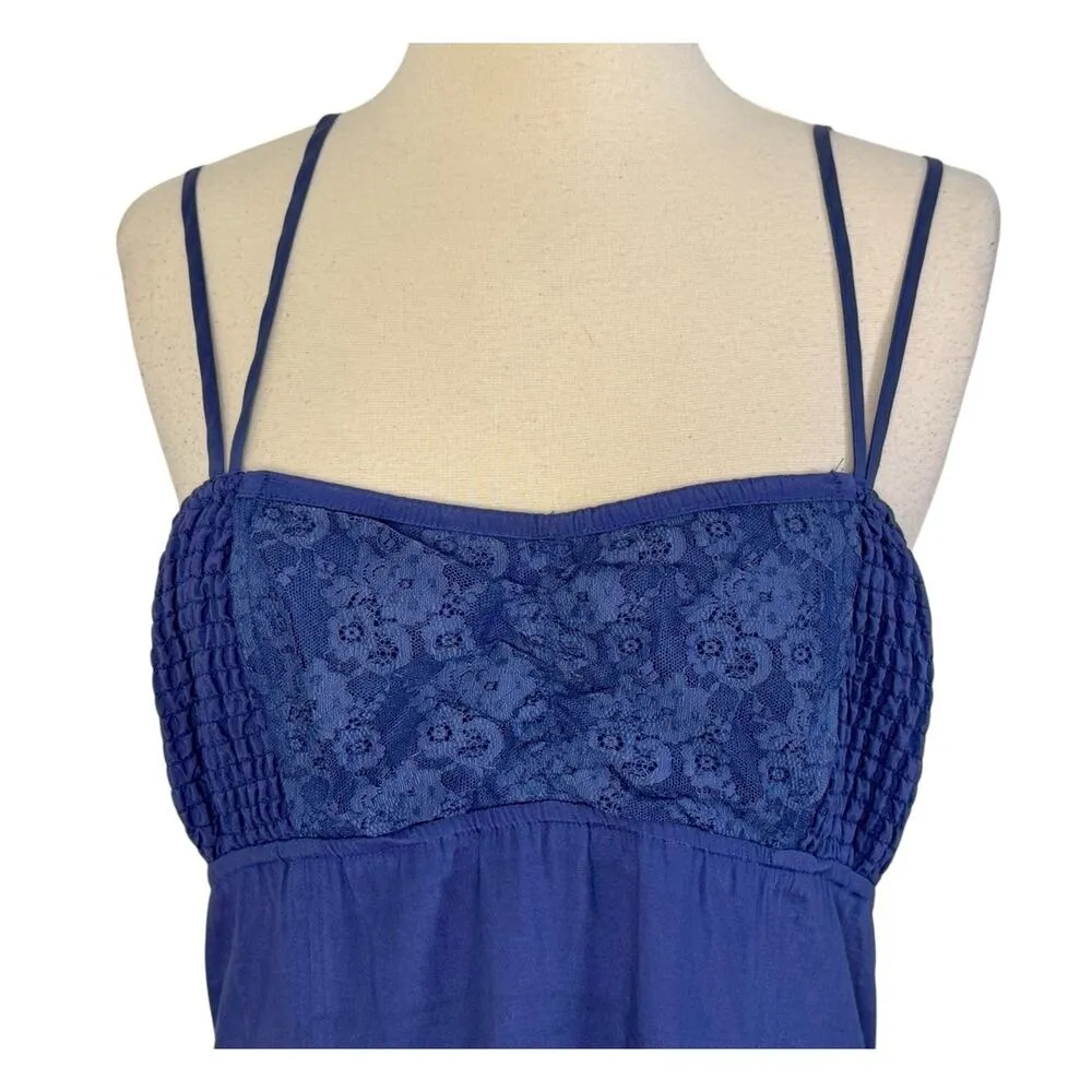 Vintage FREE PEOPLE Midi Dress Strappy Smocked Lace Eyelet Ruffled Navy Blue 10 - Image 4