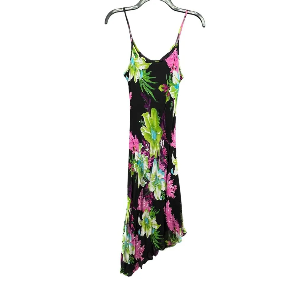 Vintage Y2K Papillon Maxi Dress M Black Floral Asymmetric Tropical Coconut Girl - Image 6