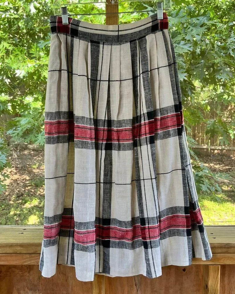 Chaus Vintage Plaid Midi Skirt Red, Black And Cream Pleated Size 28 Waist Red - Image 2