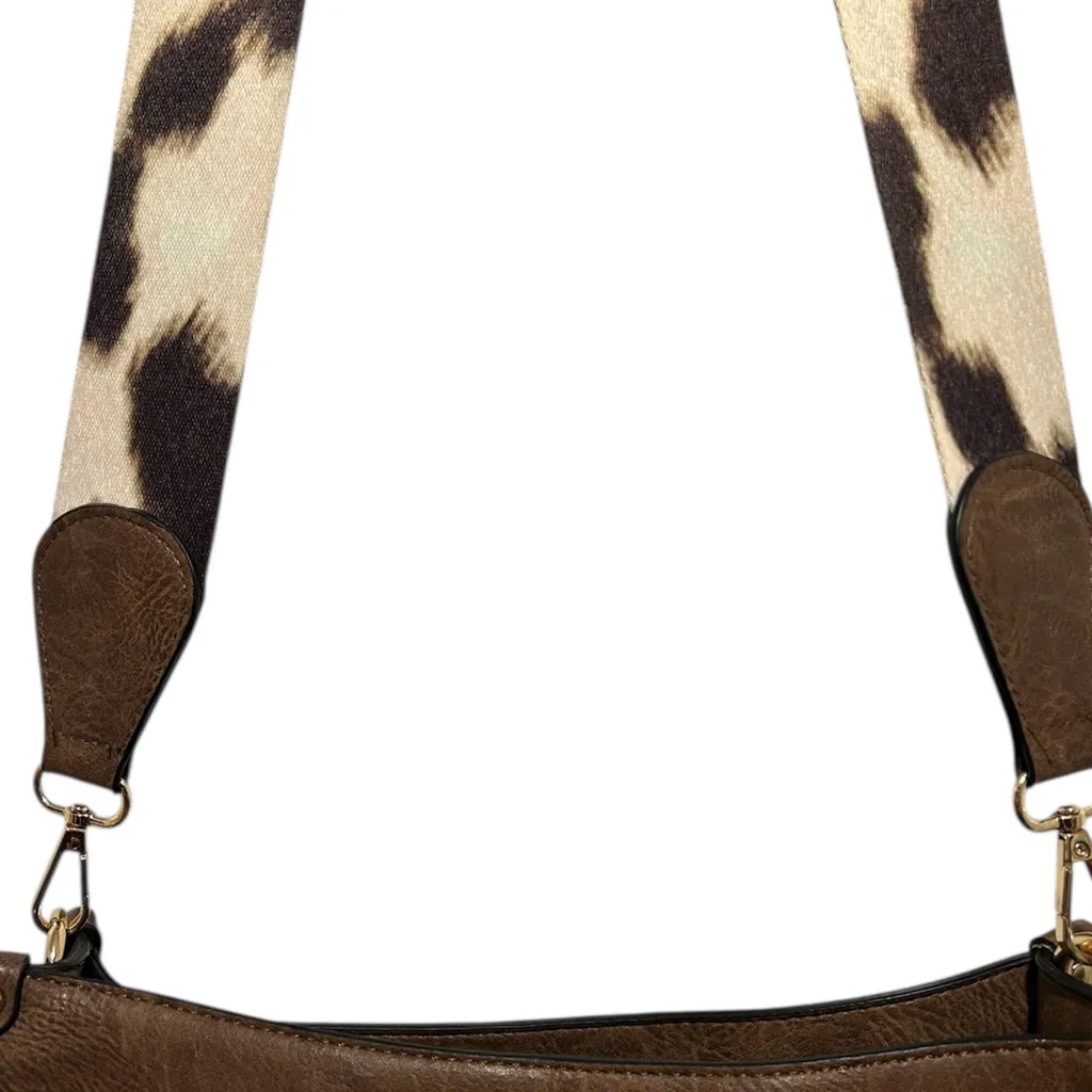 NWOT,.Jen & Co Brown Vegan Leather Shoulder Bag with Guitar Strap (cow print) - Image 4