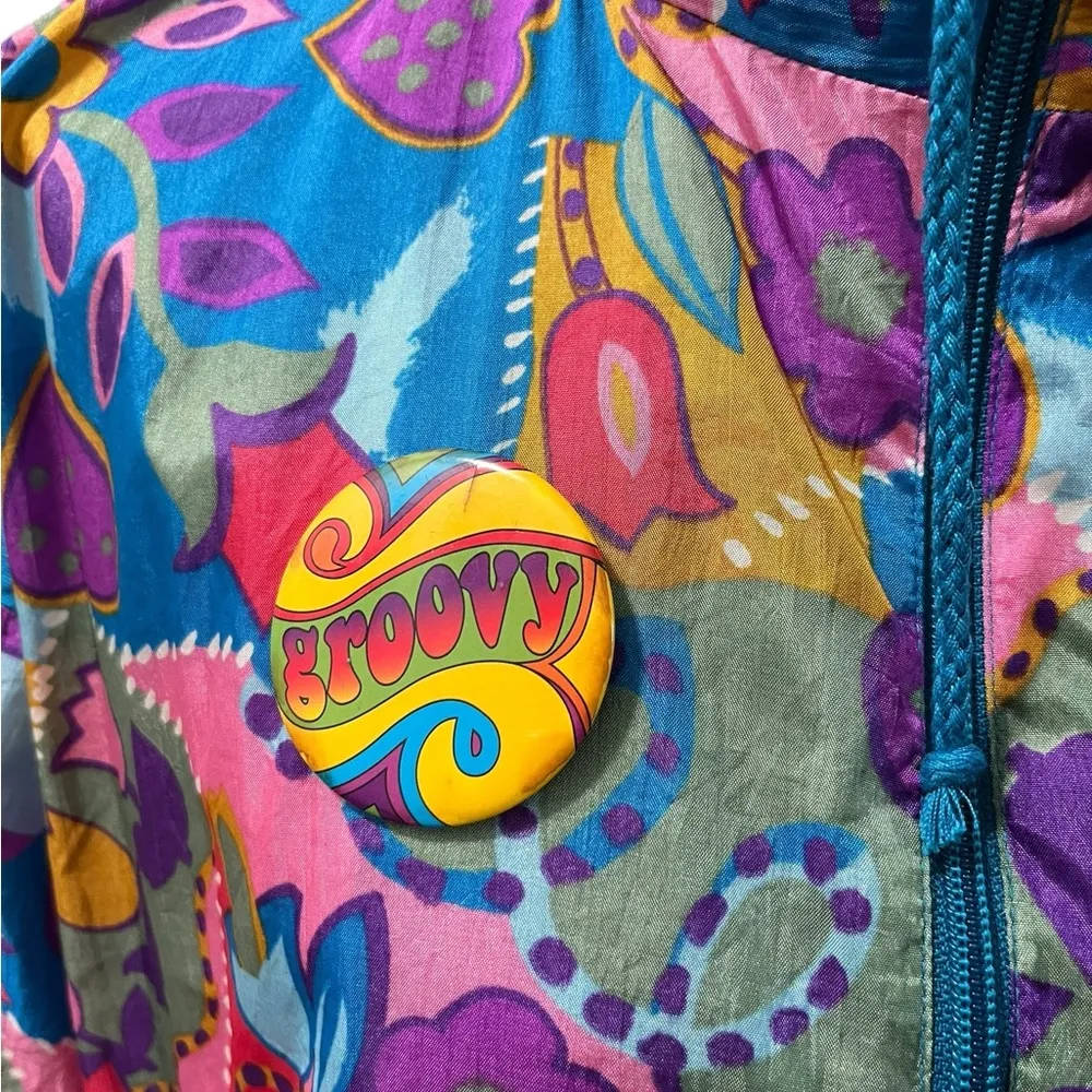 Vintage Pinstripe Petites Retro 70s Flower Power Groovy Track Suit Jacket Sz L Blue Size L - Image 3