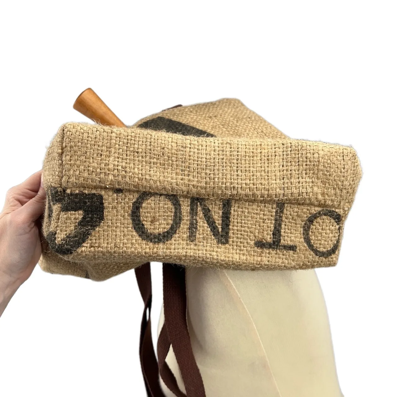 Helen Troy Bag Brown Straps Jute Printed Logo Coffee Bean Tote Style - Image 6