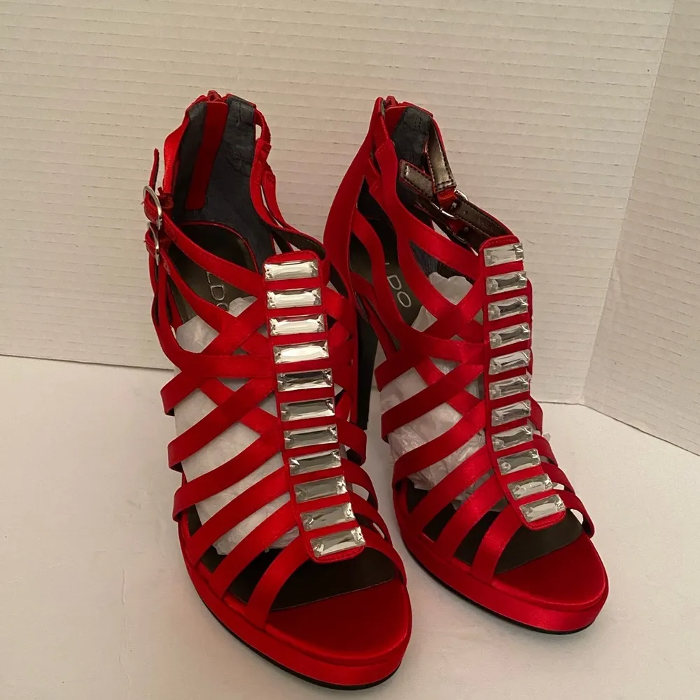 Aldo Red Satin Strappy Jeweled Heels Size 41 (10) New In Box - Image 2