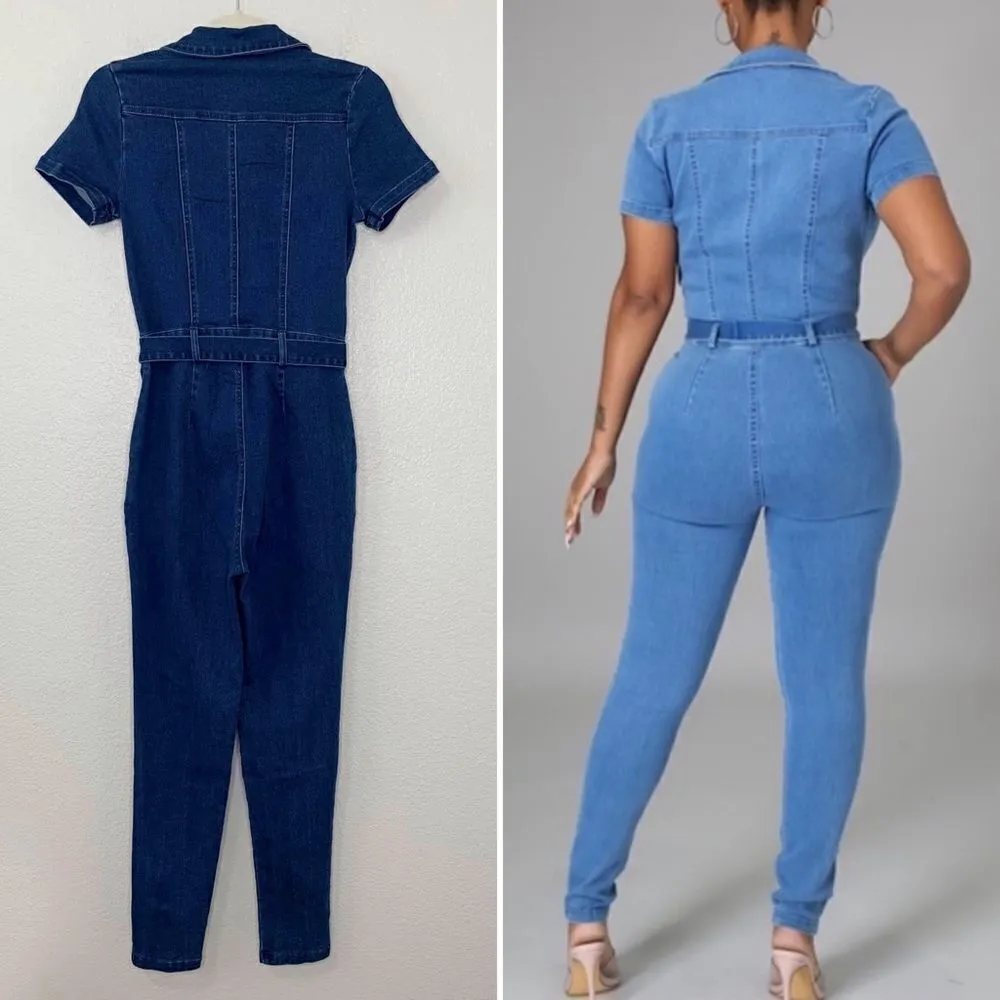 NWOT Haute Monde Zip Up Front Denim Short Sleeves Bodycon Jumpsuit - Image 8