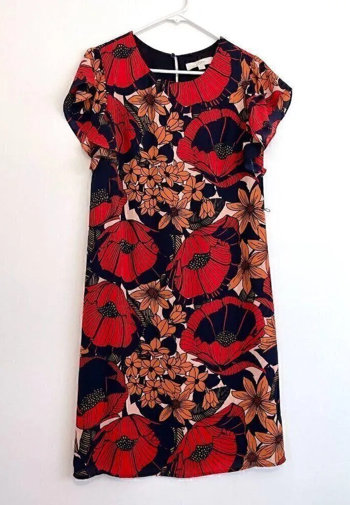 ANN TAYLOR LOFT Autumn Blossom Flutter Dress Red Navy Blue Floral Midi NO BELT - Image 2