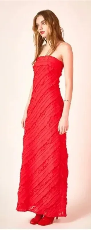 Endless Rose Strapless Ruffled Textured Maxi Dress Red Prom Formal Gown Small - Image 1