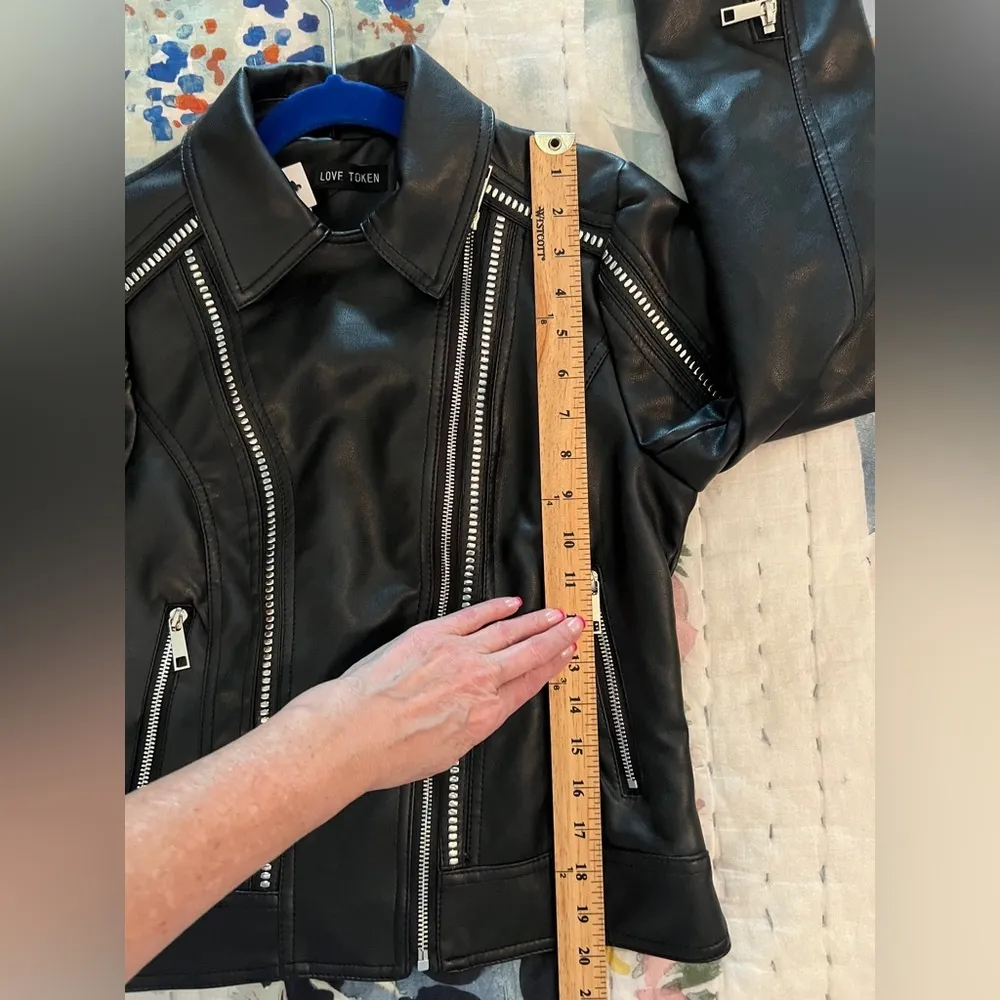 BLOOMINGDALES XS Love Token Black Faux Leather Jacket NWT - Image 8