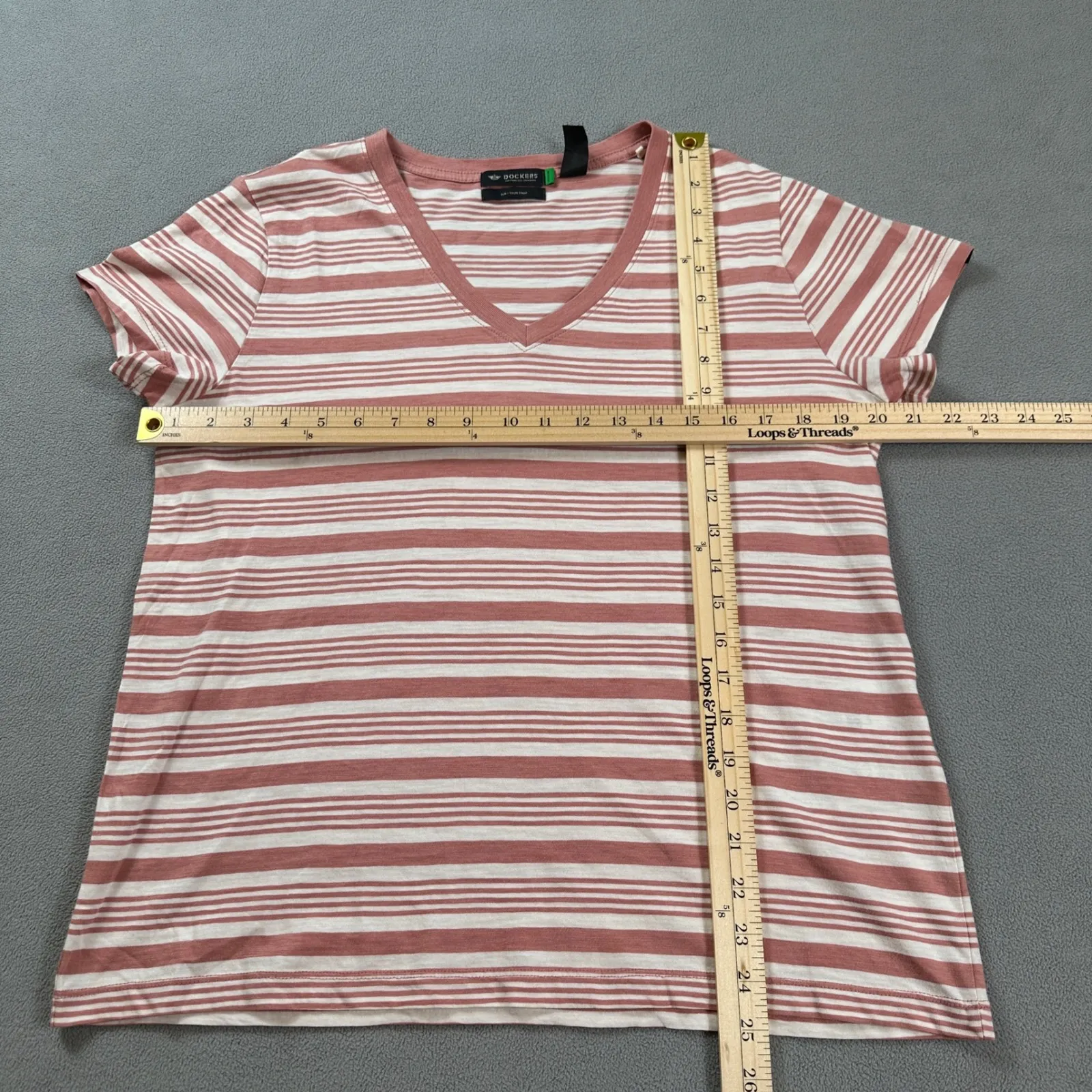 Dockers Womens Striped V Neck T Shirt L Slim Fit Red White Cotton Short Sleeve - Image 2