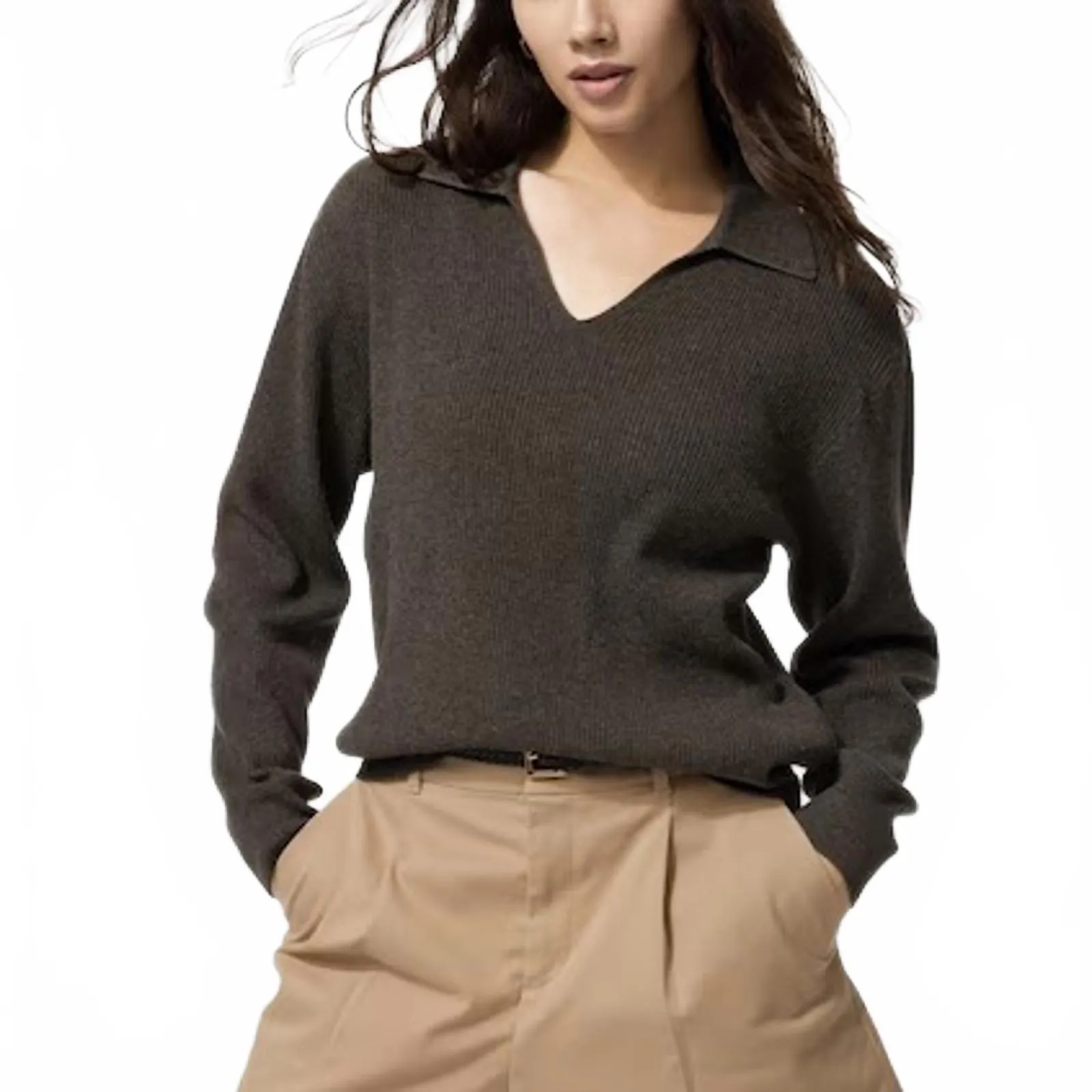 Uniqlo Washable Knit Ribbed Polo Sweater NWT Brown XL - Image 4