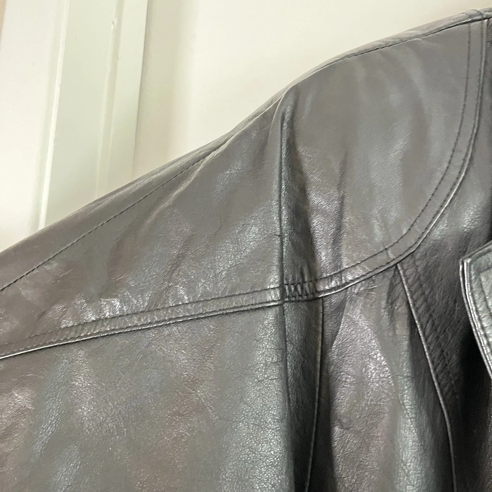 VTG 80s John Weitz Petite Black Leather Coat Goth Y2K Punk Size L - Image 8