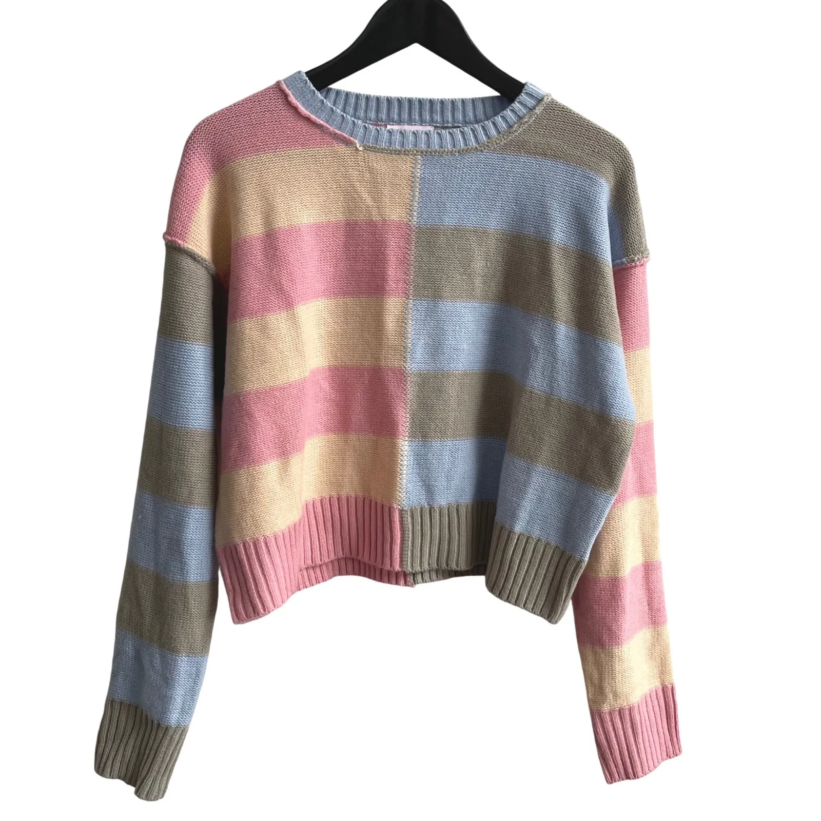 Pink Lily Colorblock Striped Cropped Crewneck Sweater Size Small Acrylic - Image 2