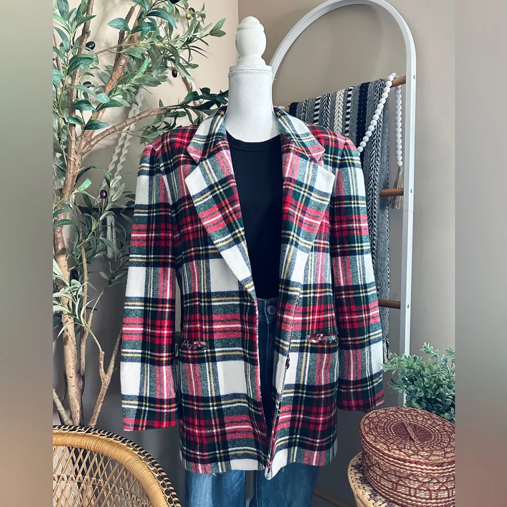 Vintage 90s Express Tartan Plaid Wool Blend Padded Shoulder Two Button Blazer - Image 12