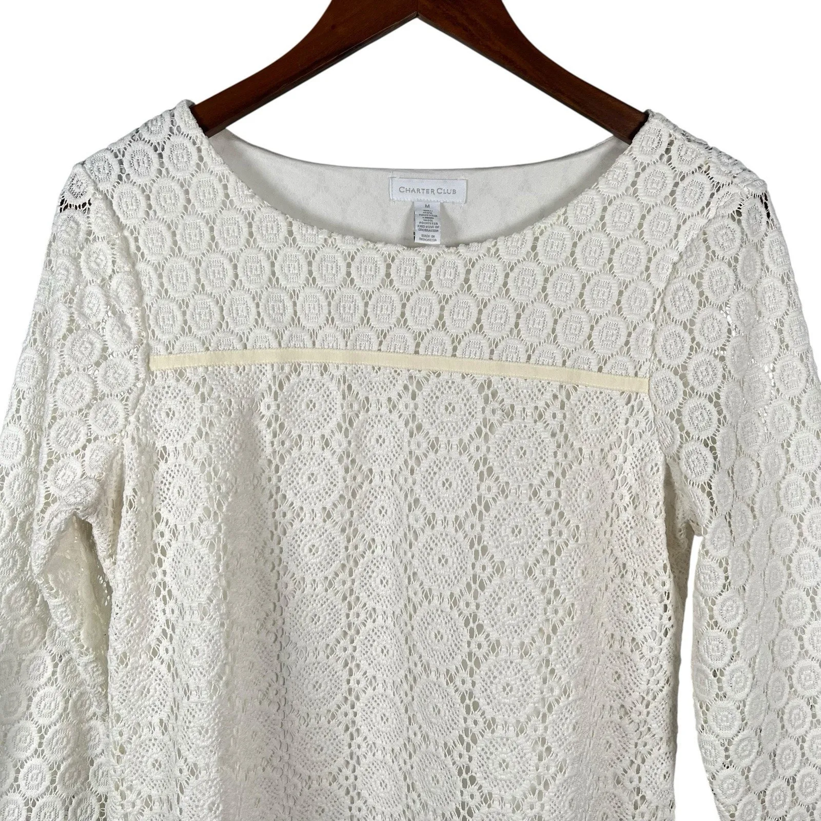 Charter Club Womens White Crochet Lace Top Crew Neck 3/4 Sleeve Size Medium - Image 2