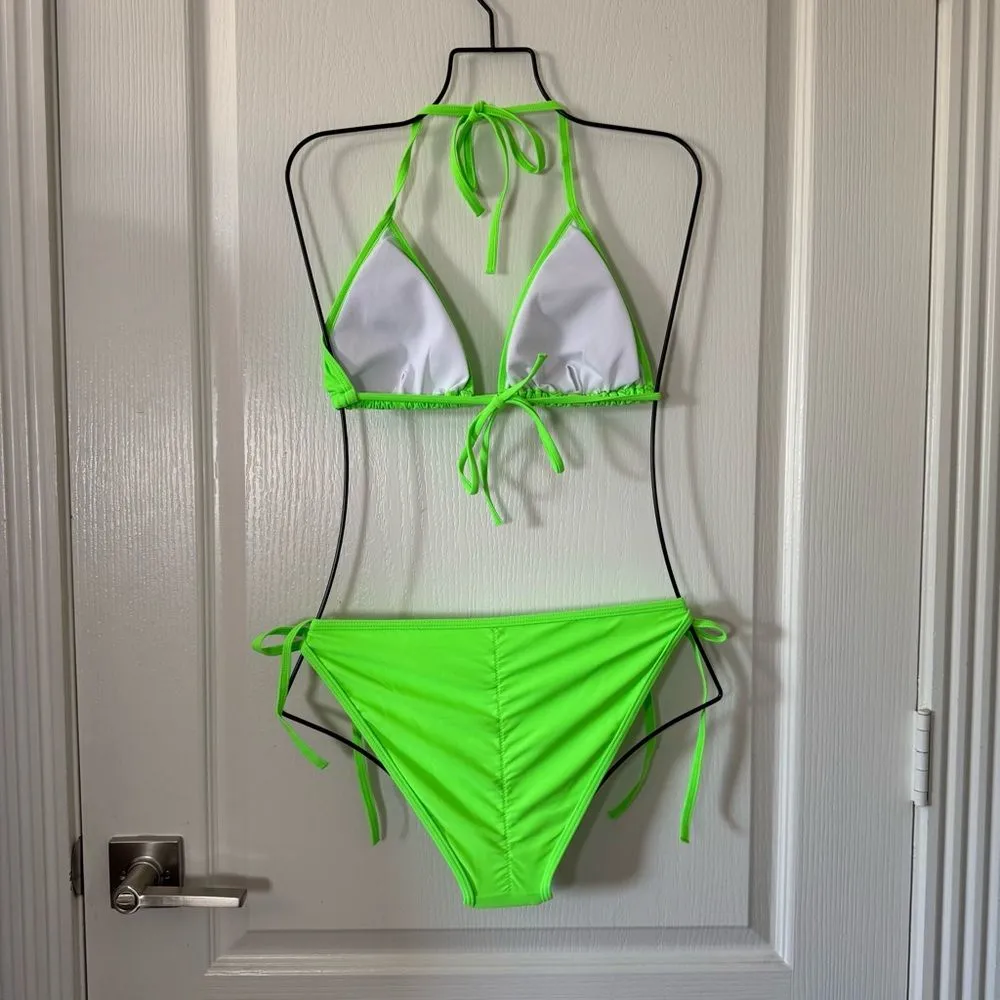 Women’s Two Piece Swimsuit Halter String Triangle Bikini Set Vibrant Green L Size L - Image 3