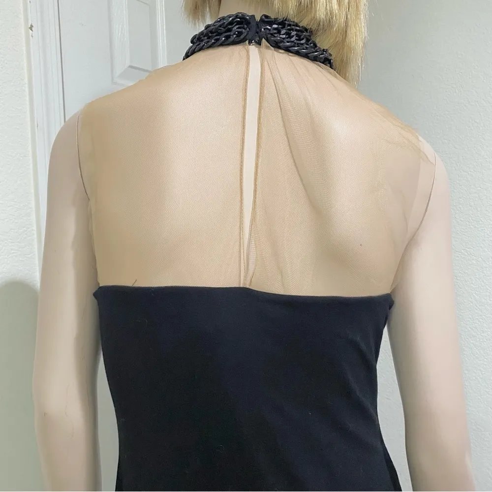 BAILEY 44 Black High Neck Chunky Chain Embellished Nude Mesh Midi Dress Size L - Image 6