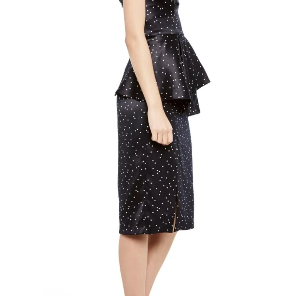 Bardot Polka Dot Printed Midnight Blue Peplum Dress Cocktail Dress - Image 4