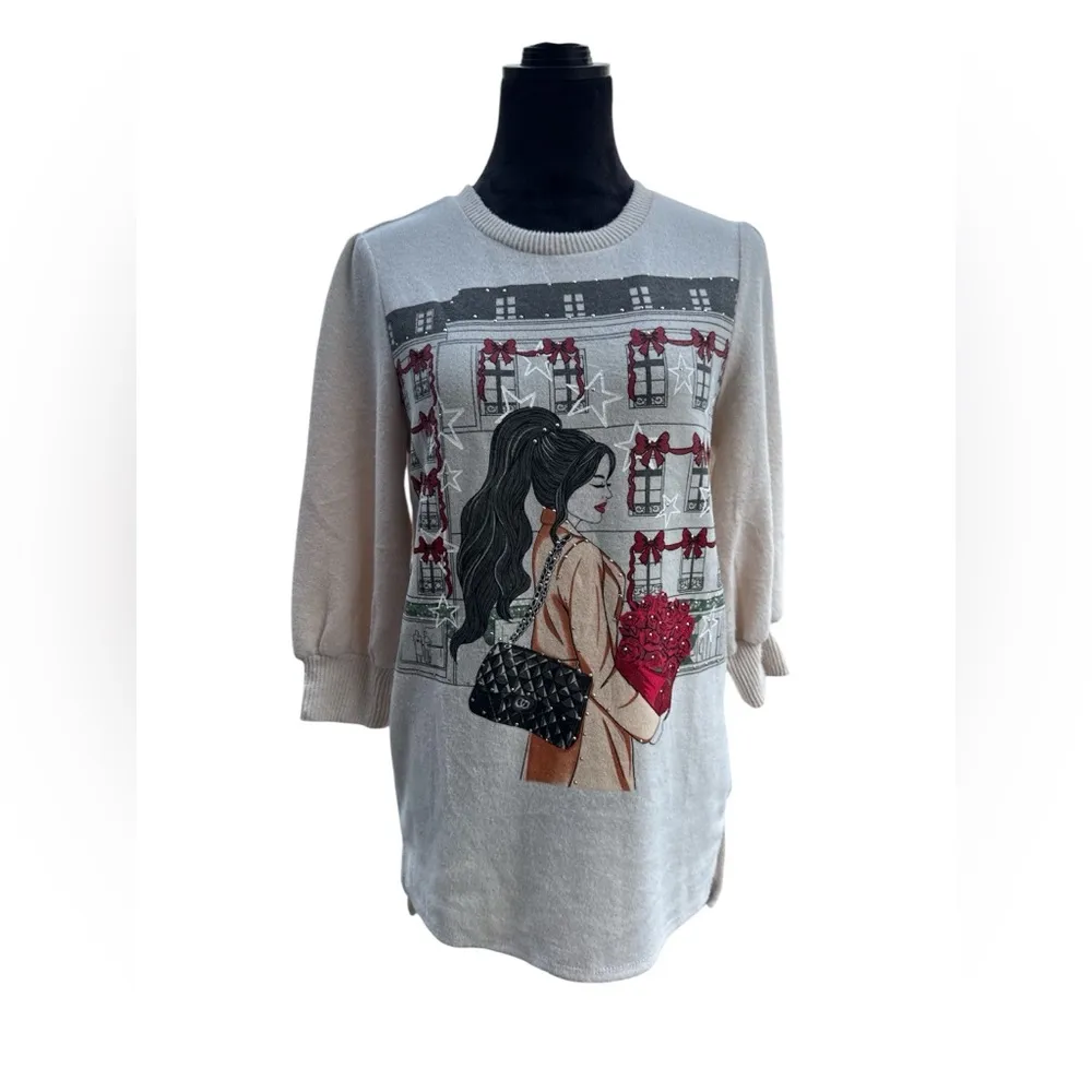 NWT Love & Lace Elegant Cream Sweater with Fashion Graphic size small Black - Image 2