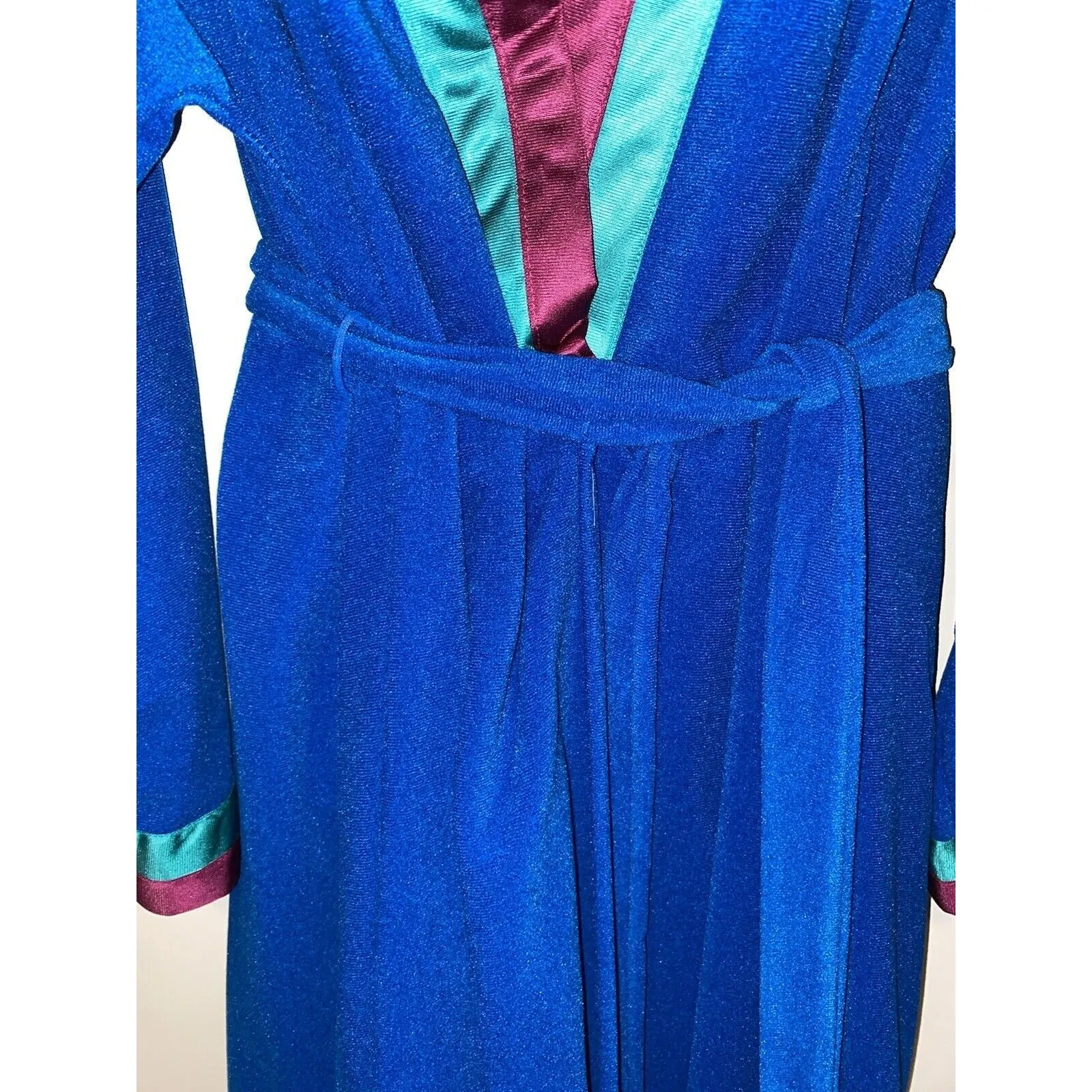 VTG 80s Vanity Fair Burgundy Teal Velvet Housecoat Long Robe Women’s Sz L USA - Image 8