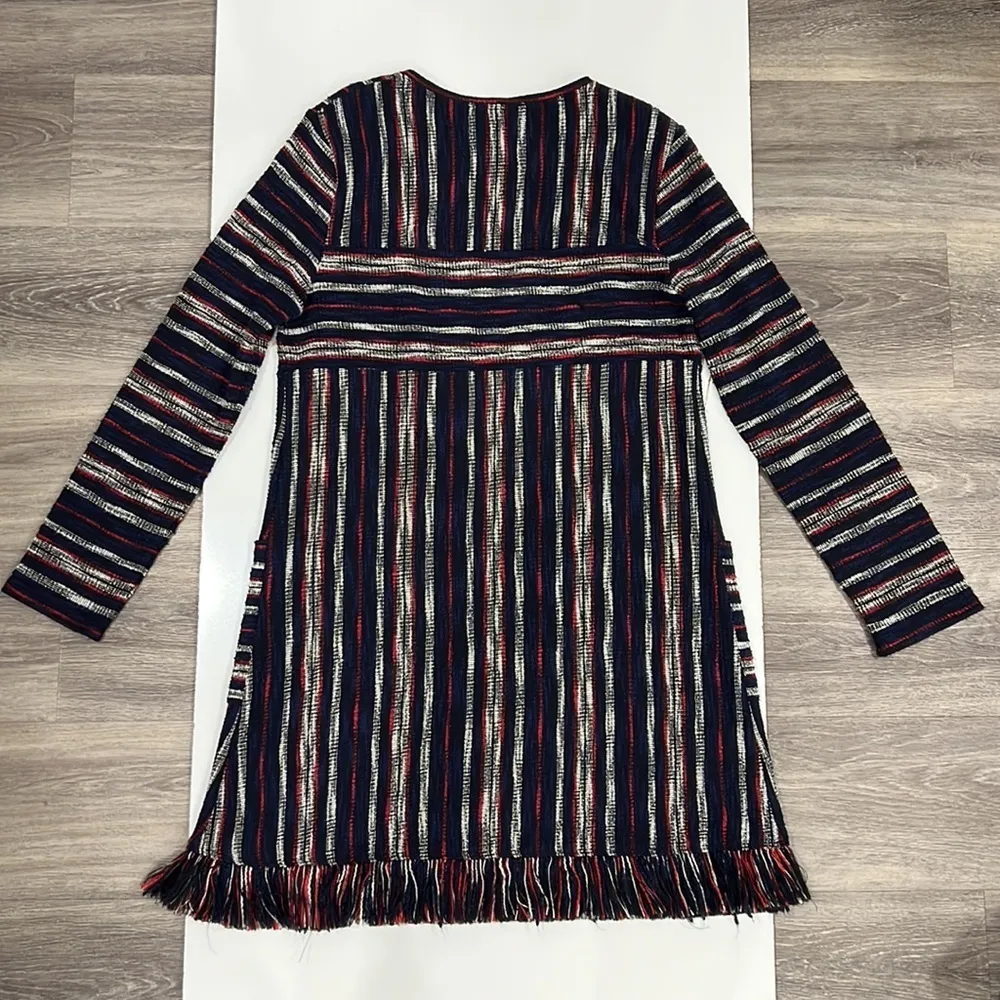 BCBG Kathy Navy Red White Striped Mini Dress Med Boucle Fringe Pockets Textured - Image 3