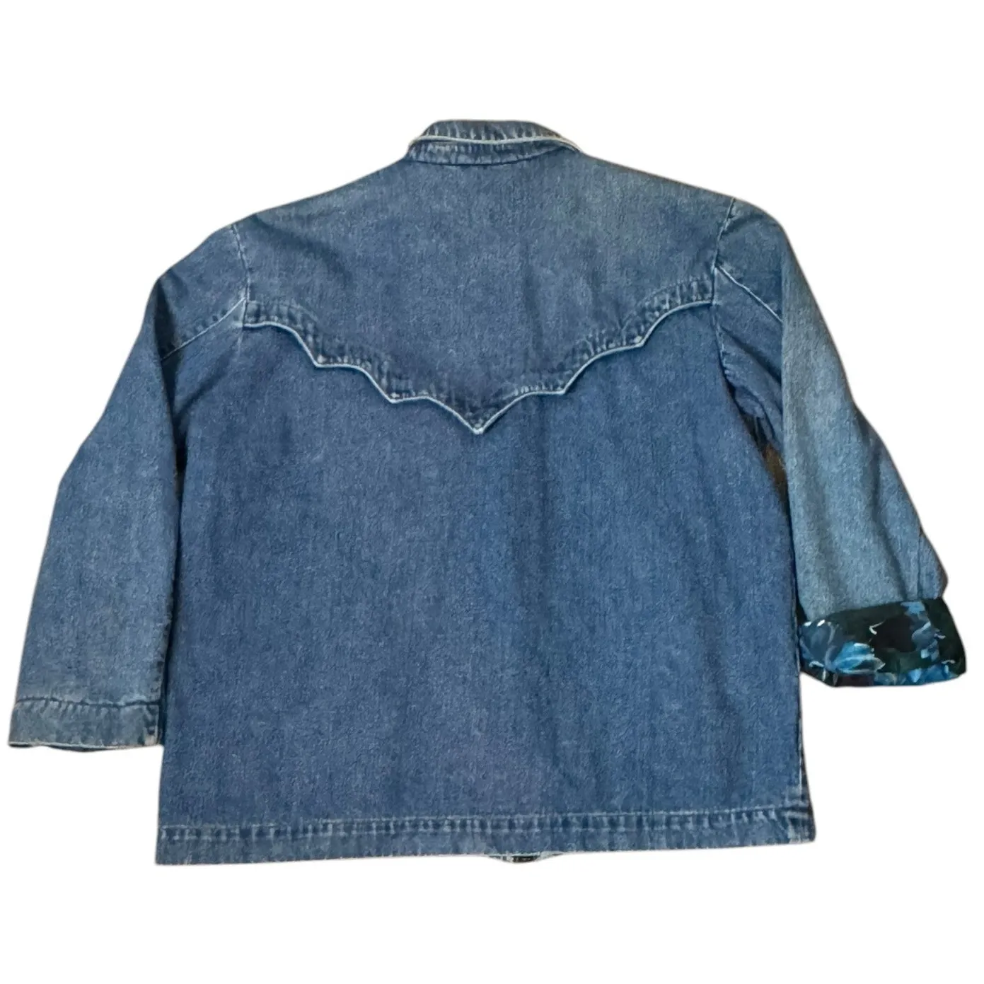 Vintage Denim Blue Jacket with Blue Purple floral lining zip closing size medium - Image 4