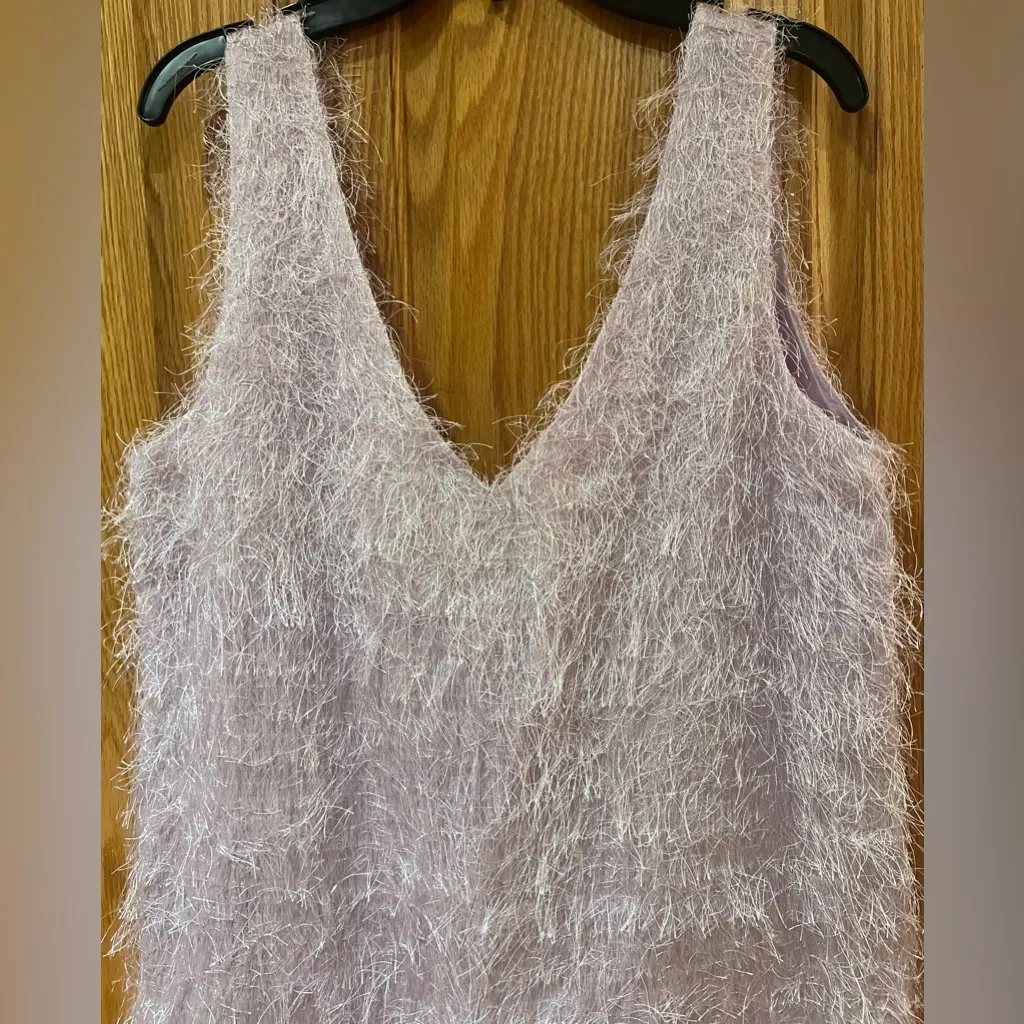 TOPSHOP Lilac Metallic Fuzzy Fringe Deep‎ Plunging V-Back Mini Slip Dress Size 6 - Image 7