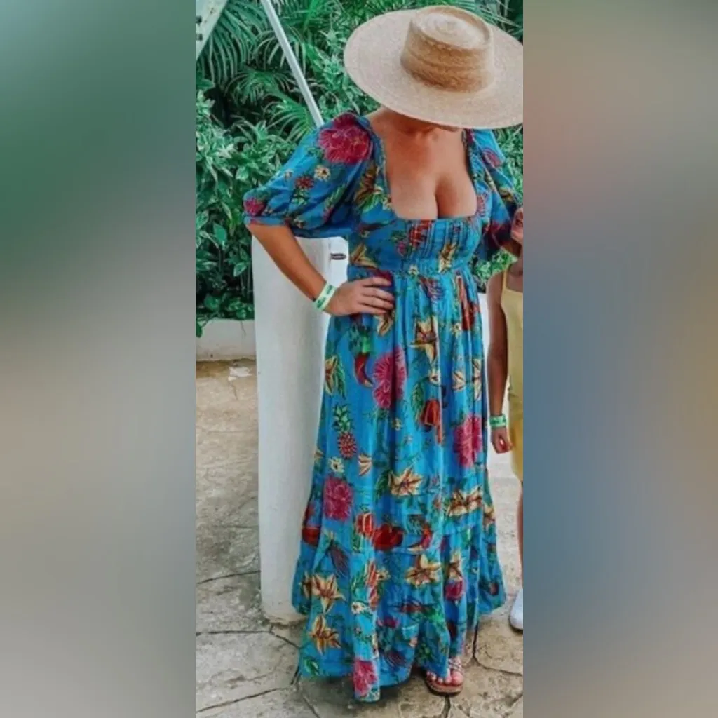 NEW FARM Rio Toucans Garden Puff Sleeves  Midi Dress in Blue Size L - Image 4