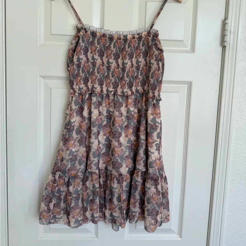 Aritzia Wilfred Floral Mini Smocked Dress Size M Pink Purple Cream - Image 7