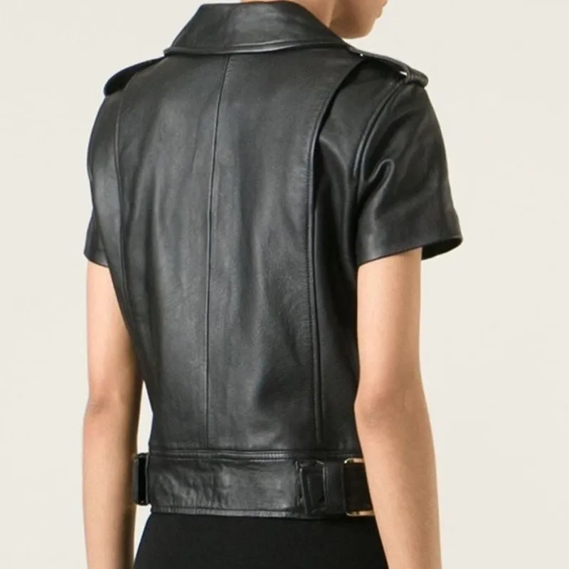 Michael Kors S Leather Short Sleeve Moto Jacket MK Biker Belted Zip Lamb Plongé - Image 5