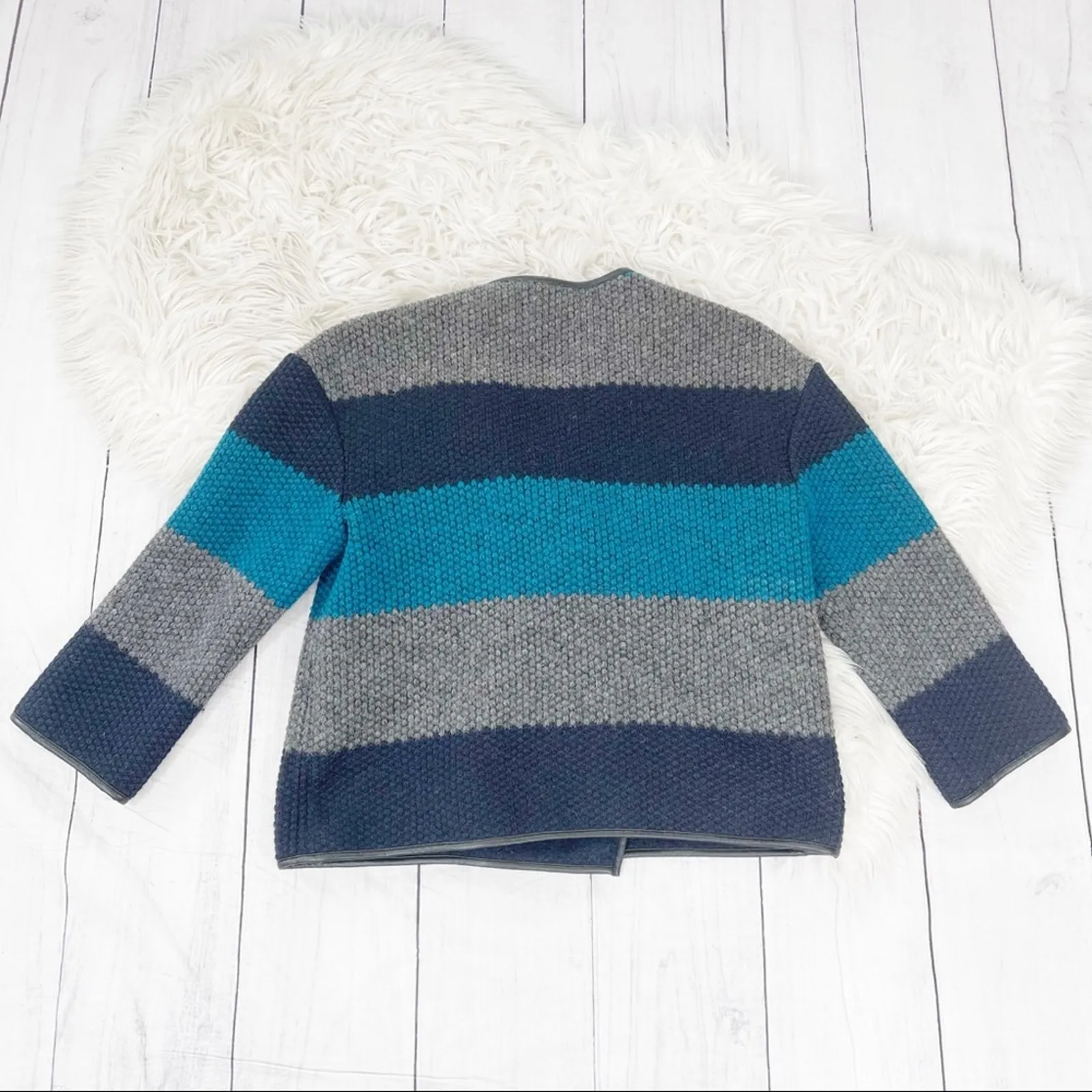 Bailey‎ 44 Women's Striped Blue Gray Wool Asymmetrical Zip Closure Jacket Medium - Image 5