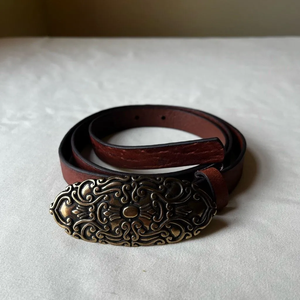 Retro Brown Leather Skinny Belt Gold Tone Floral Embossed Buckle Boho Western XL - Image 3