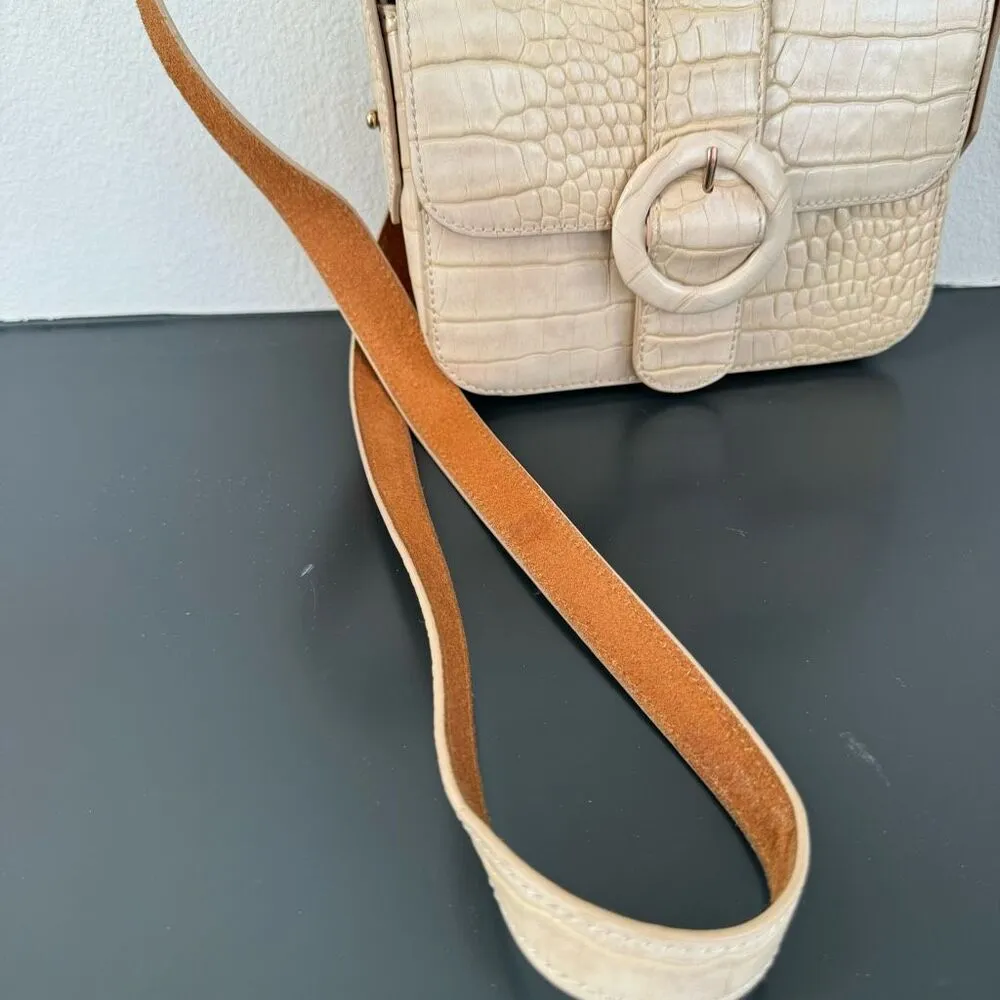 Most Wanted Crocodile Print Embossed Small Leather Saddlebag Mini Crossbody Tan - Image 2