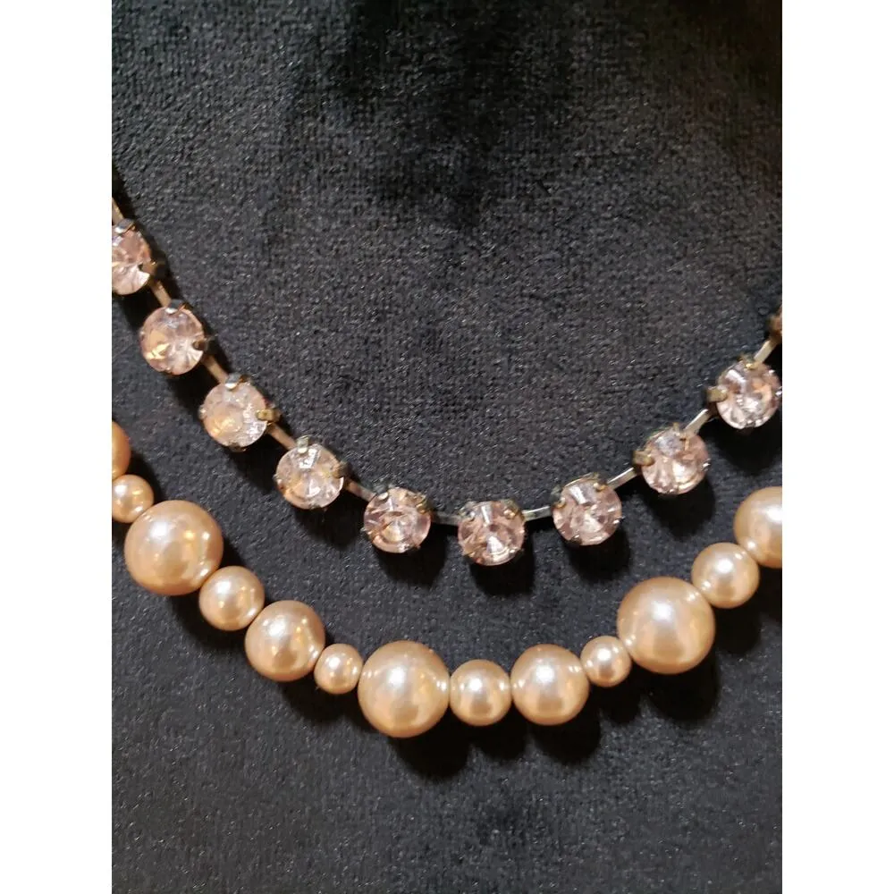 Womens 2 Strand Faux Pearl Rhinestone Trim Bling Chain Necklace w/ Spring Clasp White - Image 3