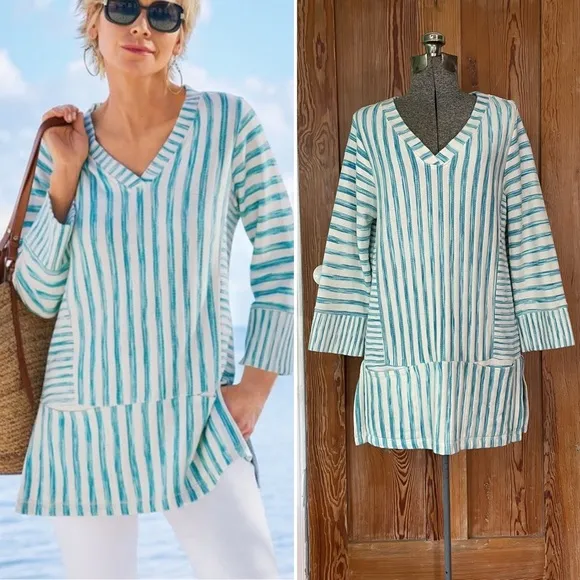 Soft Surroundings Briza Chambray Blue & White Stripe V-Neck Tunic Top Sz M - Image 2