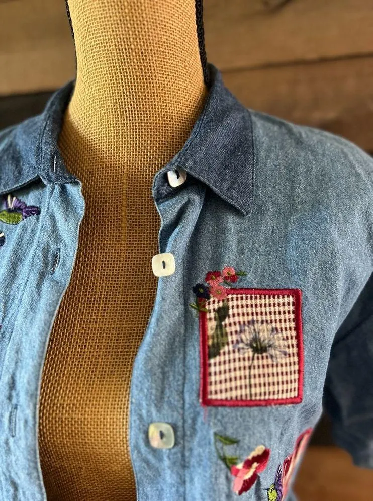 90s Vintage Teddi Blue Cotton Short Sleeves Patchwork Collared Button Up Shirt Size L - Image 6