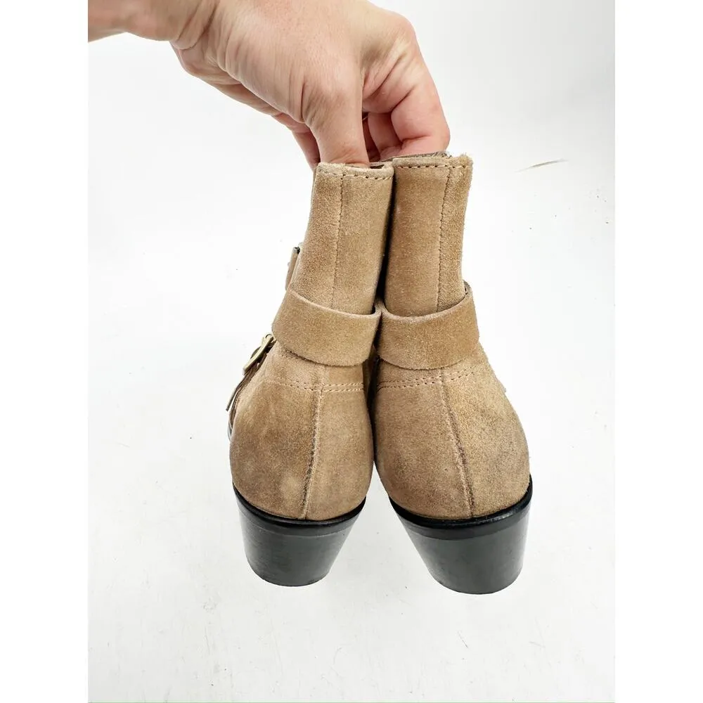 All Saints Lior Suede Leather Zip Western Block Heel Ankle Booties Desert Tan 36 Size 6 - Image 4