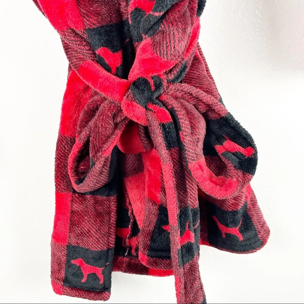 PINK VICTORIA’S SECRET Red Black Plaid Plush Signature Dog Logo Short Robe XS/S - Image 7