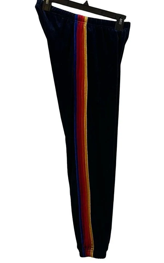 Aviator Nation Classic Velvet Sweatpants Side Rainbow Stripes Drawstring Navy S - Image 2