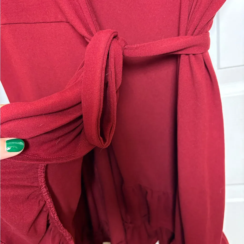 Deep Red Wrap Dress Ruffle Hem Balloon Sleeve Midi Romantic Stretchy L - Image 4