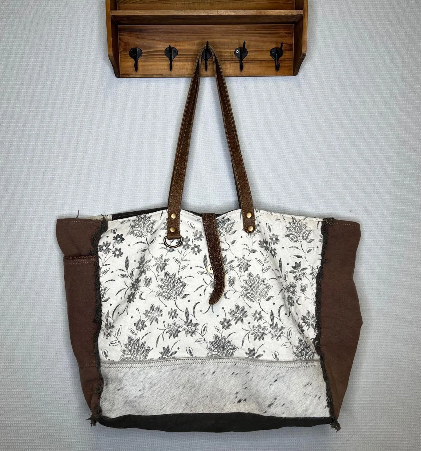 Myra Bag Floral Cowhide Leather Trimmed Canvas Tote Bag Womens Shoulder Bag Brown - Image 1