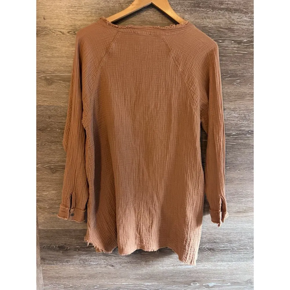 Oli Hali Shirt Size S Orange Button Up Lagenlook Knit High Low Boho Gauze - Image 7