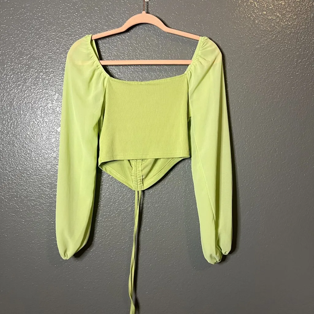 Shein Size M Lime Green Ruched Tie-Front Sheer Sleeve Crop Top - Image 3