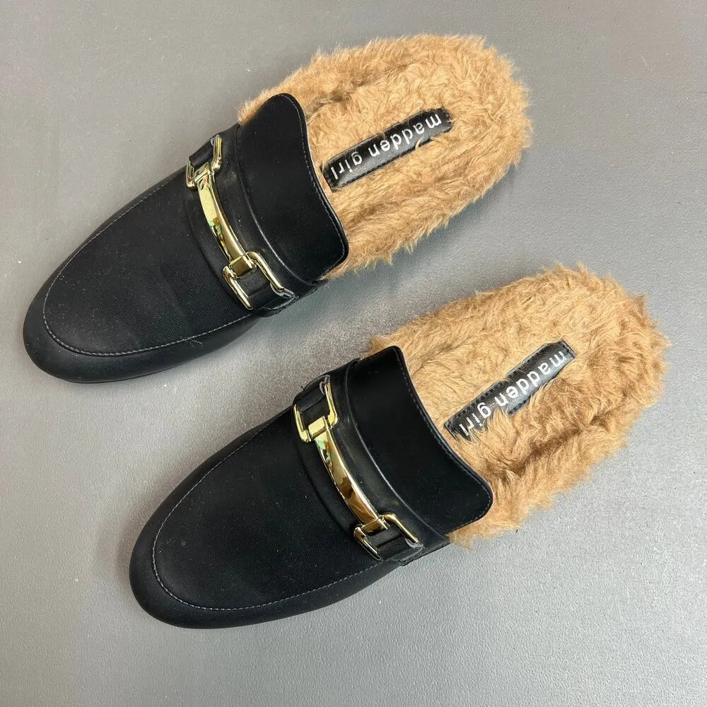 Madden Girl Brinly Womens Loafers Mules Size 8.5 Faux Leather Faux Fur Slip On - Image 2