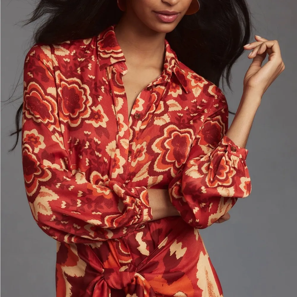 Farm Rio Long-Sleeve V-Neck Floral Midi Shirt Dress | Fall Boho Style Size S NWT - Image 2